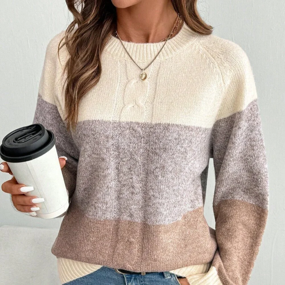 Apricot Casual Women's Loose Knit Pullover with Contrasting Cable Design